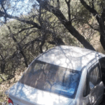 Auto destrozado fuera de la Ruta 30, entre árboles